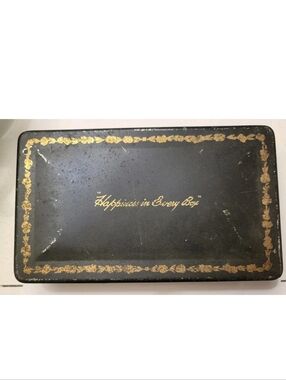 Antique Tindeco Tin Trinket Happiness in Every Box 7.5" x 4.5" Lidded Black Gold